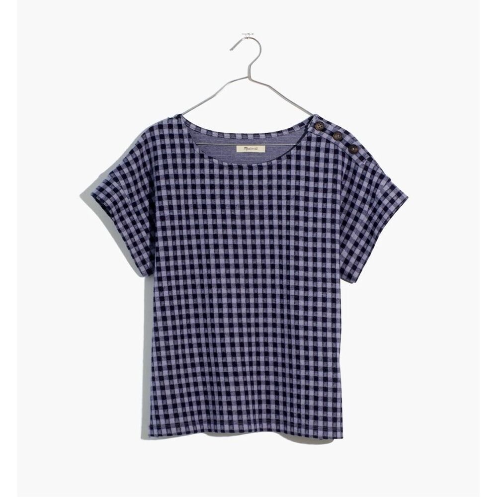 Madewell Gingham Knit Seersucker‎ Button Shoulder Top Faded Lavender Women’s XS